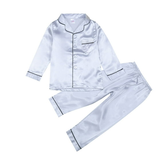 Boy Satin Pajamas Set Classic Silver Long Sleeve Pajamas Button Down Solid Tops T Shirt Set Classic Loungewear Toddler Pajamas 7-8 Years