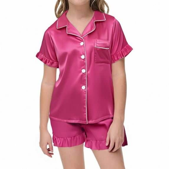 Boy Satin Pajamas Set Pink Kids Button Down Pajamas Set Pajamas Sleepwear Outfits Trendy Clothes for Teen Girls 5-6 Years