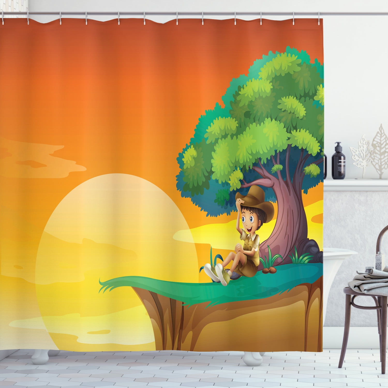 Boy Scout Shower Curtain, Little Kid Sitting by A Big Tree Landscape on