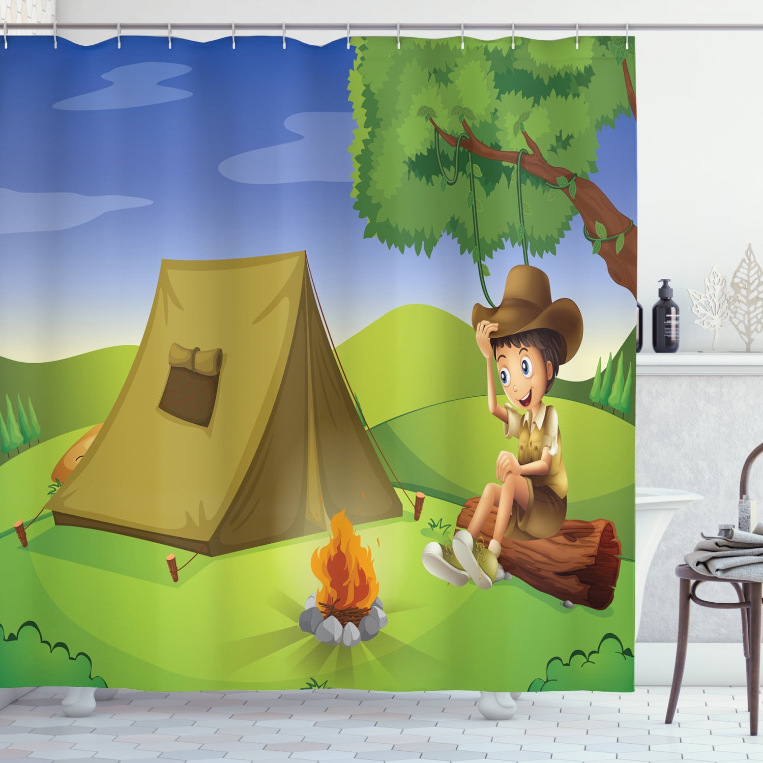Boy Scout Shower Curtain, Little Kid Sitting on A Trunk Camp Life Tent