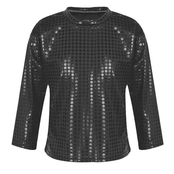 Boy Sequin Glitter Tshirts Toddler Kids Carnival Party Gown Long Sleeves Round Neck Pullover Top Stage T Shirt Size 3-4