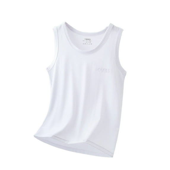 Boy Shirts Children Summer Lightweight Plain Colored Round Neck Sleeveless Lyocell Pullover Boys' Tops, Tees White 3 Years-4 Years