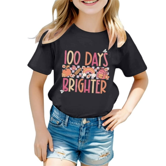 Boy Shirts Kid Color Block 100 Dyas Of Shool Print Girl Short Sleeve Shirts Top Loose Summer Casual Blouses Pullover Tops Black,8-9 Years