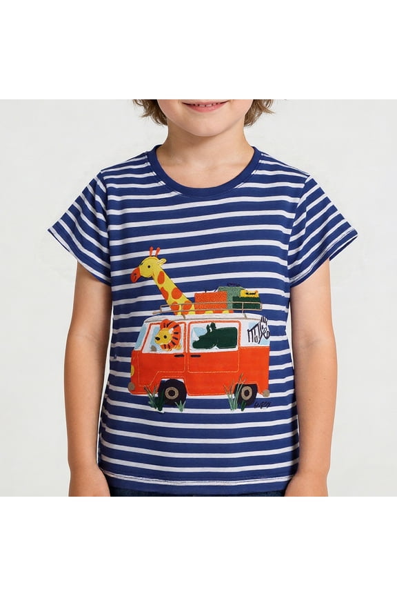 Boy Shirts Size 1-2Y Kids Striped Embroidered Short Sleeve Crewneck Tee Lightweight Skin Friendly Daily Top Toddler Clothes for Boys
