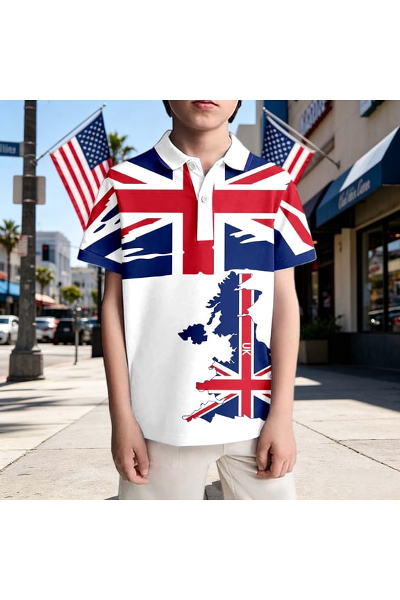 Boy Shirts Size 3-4Y Kids Union Jack Print Short Sleeve Collar Lightweight Casual Polo Boy Clothes