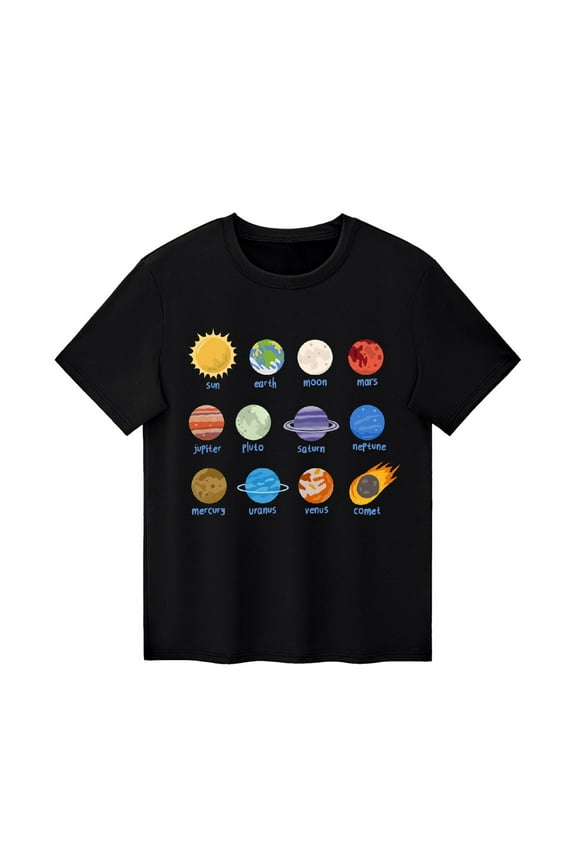 Boy Shirts Size 7 Summer Cotton Planet Printed Graphic Tops Casual Crew Neck Short Sleeved T Shirt,6-7 Years,Black
