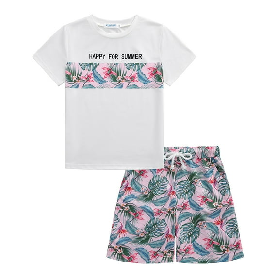 Boy Shorts Sets Hawaiian Outfit Kid Leaves Floral Short Sleeve Shirt Top+shorts Suits