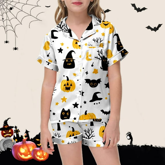 Boy Silk Pajamas Set Button Down Homewear Set Toddler Girl Sleepwear Halloween prints Toddler Boys Pajamas 8-9 Years