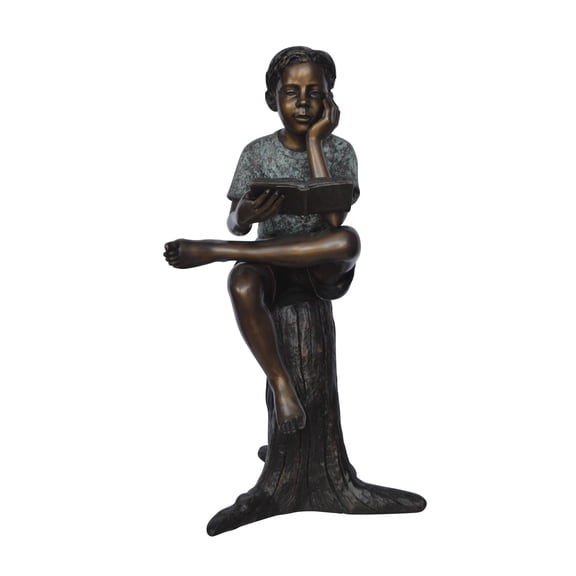Nifao Boy Sitting on a Stump Reading a Book, Home Office Decor Sculpture, 18"L x 20"W x 35"H