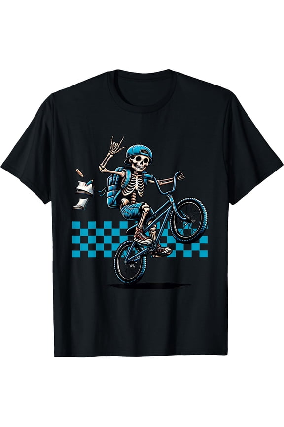 Boy Skeleton Riding on a BMX Bike and Popping a Wheelie T-Shirt, Unisex T-Shirt