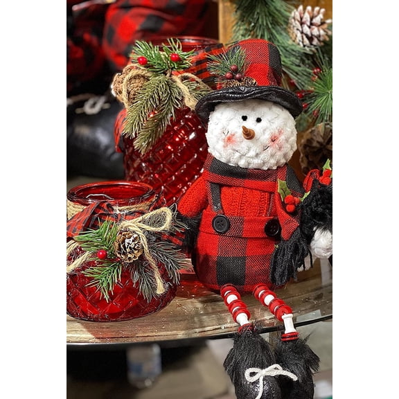 Boy Snowman Plush Shelf Sitter Figurine Dangling Feet Christmas Holiday Decoration Checkered Plaid Design 17"