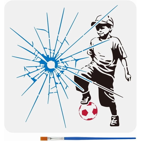 Boy Stencil with a Paint Brush 11.8x11.8Inch Reusable Boy Playing Soccer Stencil PET Breaking Window Decoration Template Banksy Theme Template