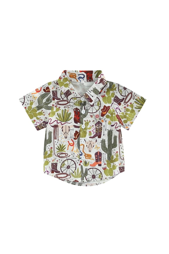 Boy Summer Shirt, 1-5Years Old Cartoon Pattern Printed Kid Lapel Neck Short Sleeve Tops Button Down Clothing for Children