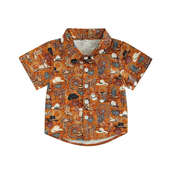 Boy Summer Shirt, 1-5Years Old Cartoon Pattern Printed Kid Lapel Neck Short Sleeve Tops Button Down Clothing for Children