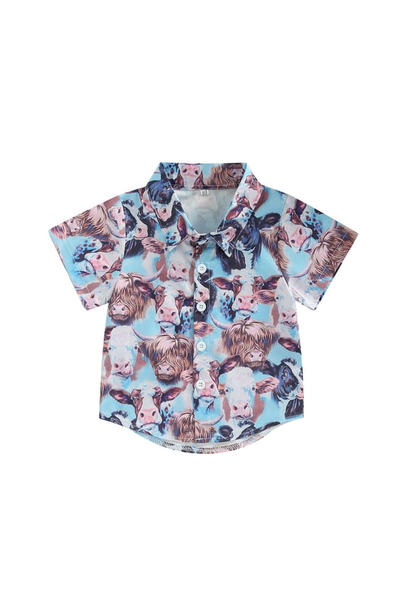 Boy Summer Shirt, 1-5Years Old Cartoon Pattern Printed Kid Lapel Neck Short Sleeve Tops Button Down Clothing for Children
