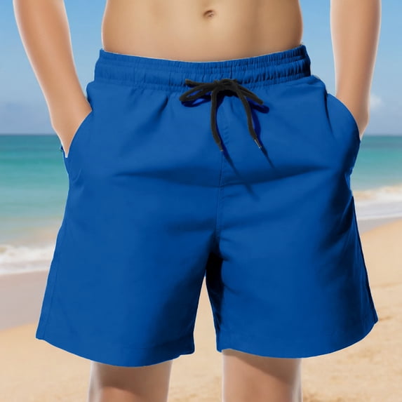 Boy Summer Swim Shorts Solid Elastic Waist with Inner Lining Swimming Trunks Beach Board Short Pants with Pockets Blue 6-7Y