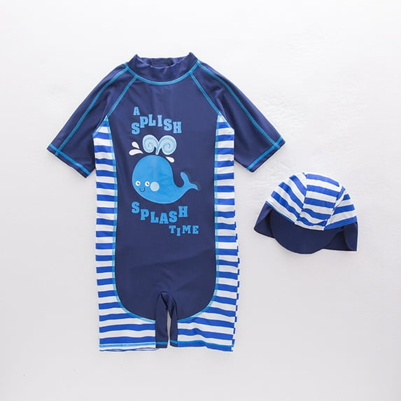Boy Swim Set Size 3-4Y Cartoon Whale Print Side Stripe One Piece ...
