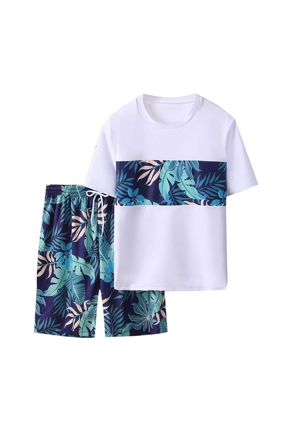 Boy Swimsuit Swimwear Set Summer Short Sleeve Rash Guard Swim Shirt Trunks With Leaf Print Surfing Beach Pool Boys Bathing Suit