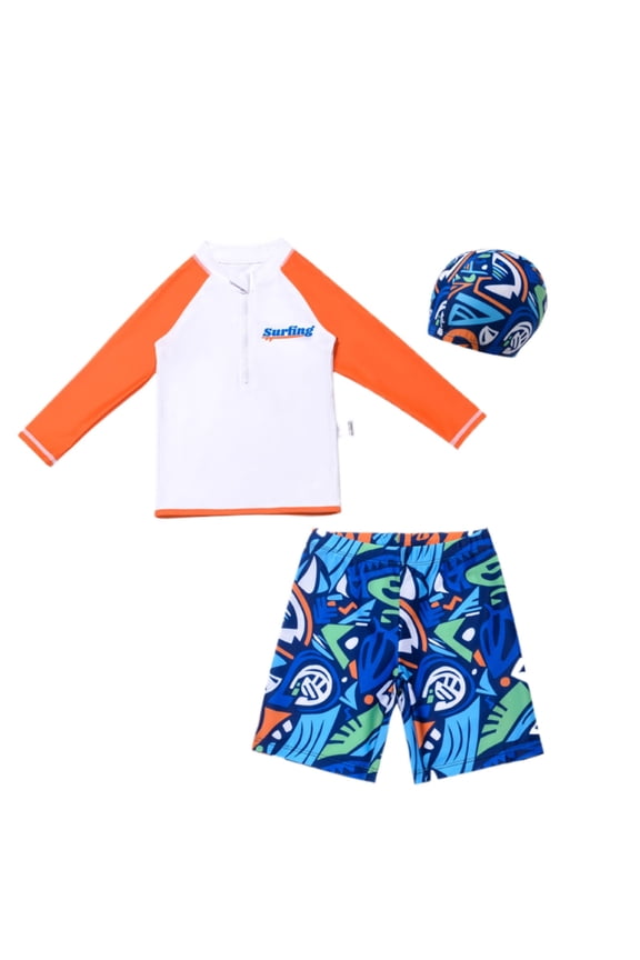 Boy Swimwear Set Full Stretch Quick-Drying Material 2 Pieces Kid Swimsuits Go Outing Beach Tops Orange 12-13 Years