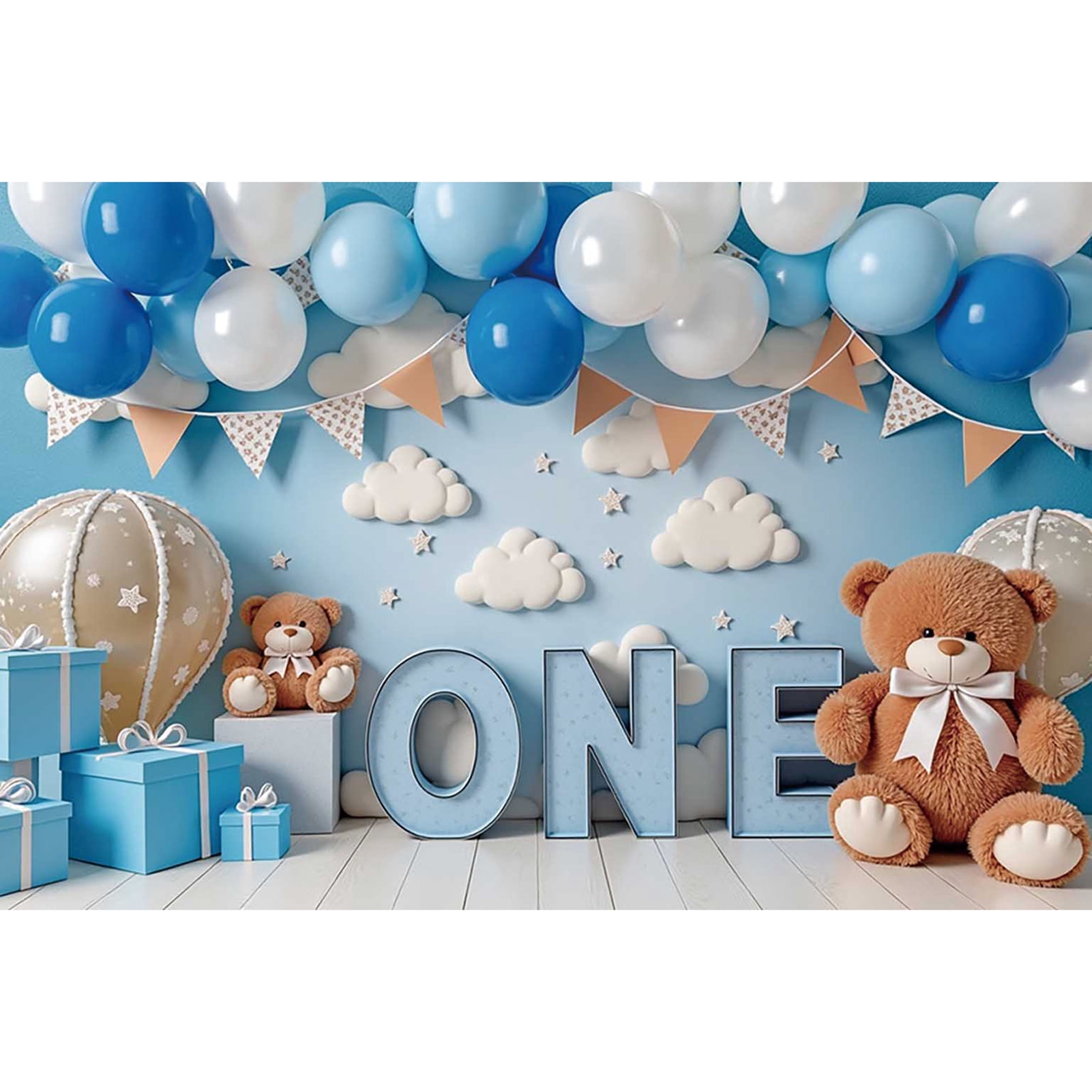 Boy Teddy Bear Photo Backdrop Blue Balloon 1st Birthday Party Photoz ...