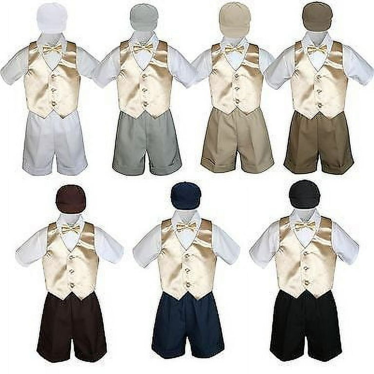 Boy Toddler Formal Champagne Vest Bow Tie White Khaki Black Hat