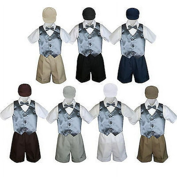 Boy Toddler Formal Dark Gray Vest Bow Tie White Khaki Navy Black Hat 5pc sz S-4T