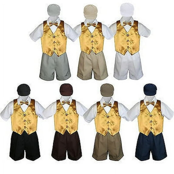 Boy Toddler Formal Gold Yellow Vest Bow Tie White Khaki Black Hat 5pc Set S-4T