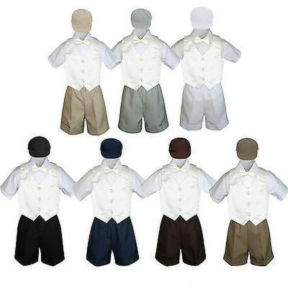 Boy Toddler Formal Ivory Vest Bow Tie White Khaki Black Brown Hat 5pc Set S-4T
