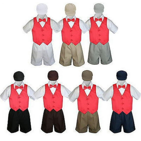 Boy Toddler Formal Red Vest Bow Tie White Black Gray Brown Navy Hat 5pc Set S-4T