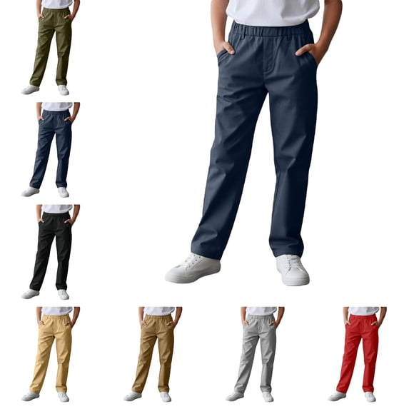 Boy Uniform Pants Dress Pants Elastic Waist Skinny Pants with Pockets Back To School Pull-On Clothes 12-13 Years