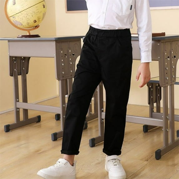 Boy Uniform Pants Straight Pants with Pockets Pull On Chino Pants Elastic Waist Pants Black Uniform Pants Back To School Clothes Kids Boys Clothes 9-10 Years