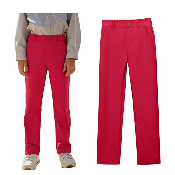 Boy Uniform Pants Straight Pants with Pockets Pull On Chino Pants Stretch Pants Red Uniform Pants for Boys Back To School Clothes Kid Boys Pants 5-6 Years