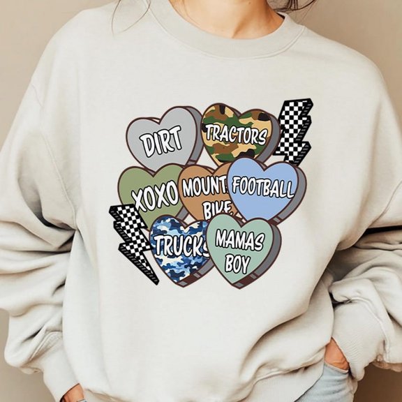 Boy Valentine Sweatshirt, Camo Heart Crewneck, Kids Conversation Hearts Pullover, Checkered Lightningbolt Valentine Shirt