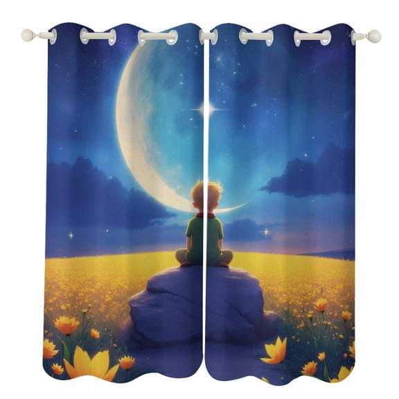 Boy Watching Moon in Flower Field Luxury Window Curtains Blinds for Living Room Kids Bedroom Bathroom Kicthen Door Home Decor 2 Panels
