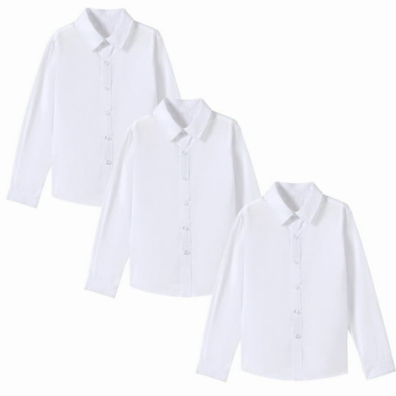 Boy White Button Up Shirt Blouse with Long Sleeves School Uniform Dress Shirt（3 Pack）