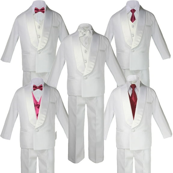 Boy White Satin Shawl Lapel Suits Tuxedo BURGUNDY Satin Bow Necktie Vest SM-20