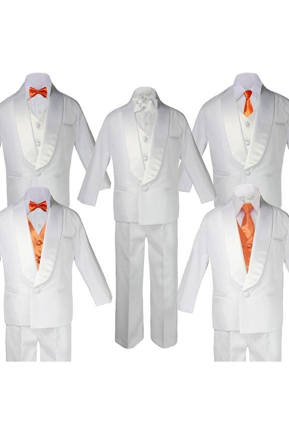 Boy White Shawl Lapel Party Suits Tuxedo ORANGE Satin Bow Necktie Vest SM-20