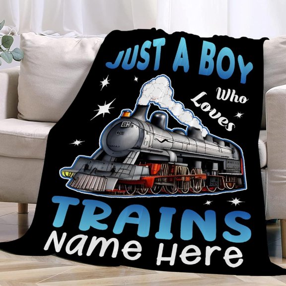 Boy Who Loves Trains Blanket Custom Train Blankets for Boys Men Flannel Cozy Quilt Gift for Train Lovers for Beding Sofa Couch-60x50 Inches