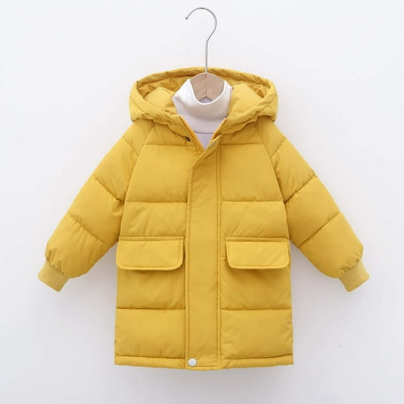 Boy Winter Coat Hooded Puffer Jacket Yellow Puffer Coat Full-Zip Long Sleeve Thicken Waterproof Jacket Kids Jackets Girls Size 6-7 Years
