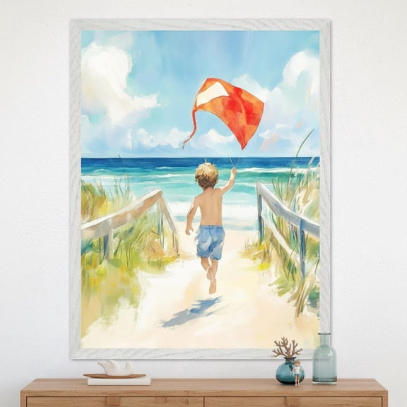 Boy With Kite Wall Art Beach Nursery Decor Coastal Room Illustration Unframed Paper Poster 8x10in