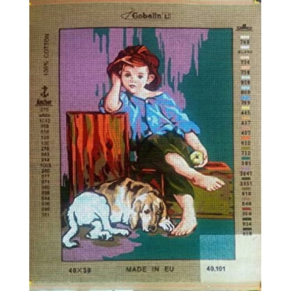 "Boy and Dog" Printed Canvas for  Needlepoint Tapestry Gobelin  Embroidery Gobelin L 40101