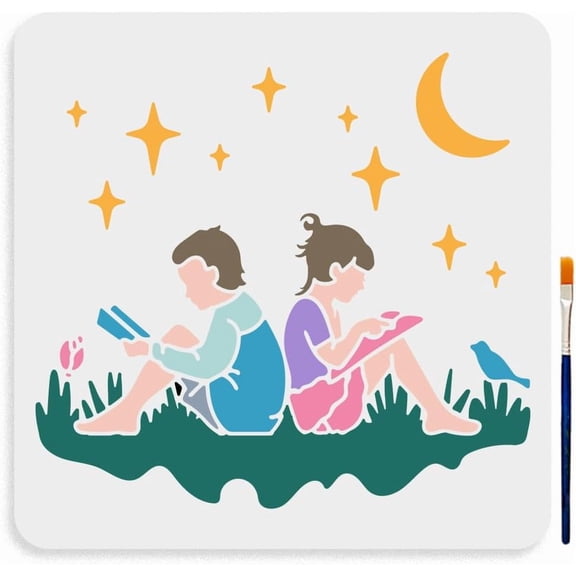 Boy and Girl Reading Stencil 11.811.8inch Large Book Reading Under The Starry Sky Stencil with Paint Brush Reusable Nature Meadow Study Template