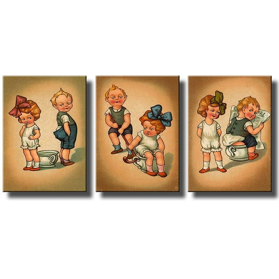 Boy and Girl Sharing Chamber Pot Potty Seat Bathroom 3 Panels Picture on Stretched Canvas, Wall Art Decor Ready to Hang!.
