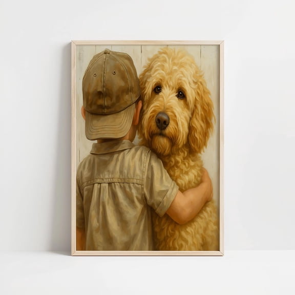 Boy and Labradoodle Heartwarming Dog and Child Portrait Art Print, Unframed Paper Print Size 16x24