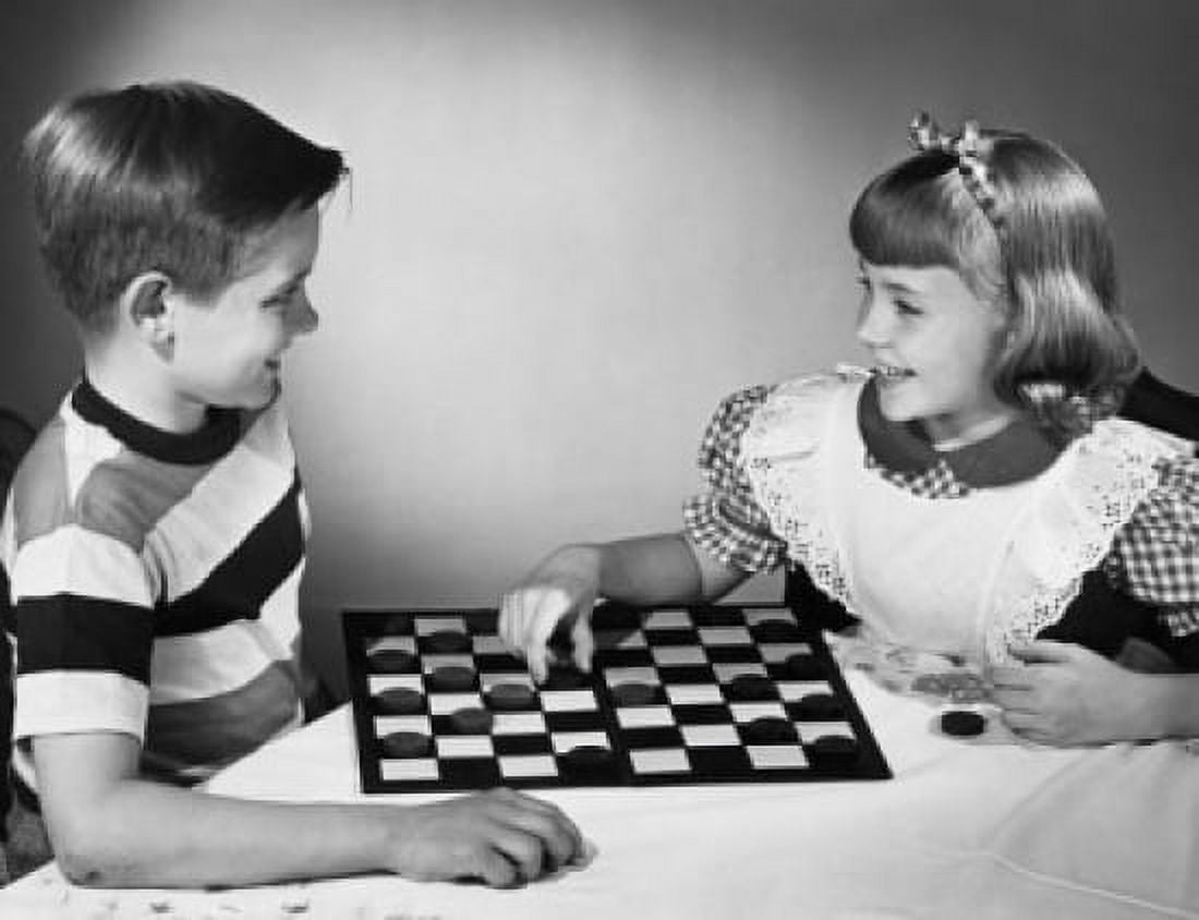 Boy and girl playing checkers Canvas Art - (18 x 24)