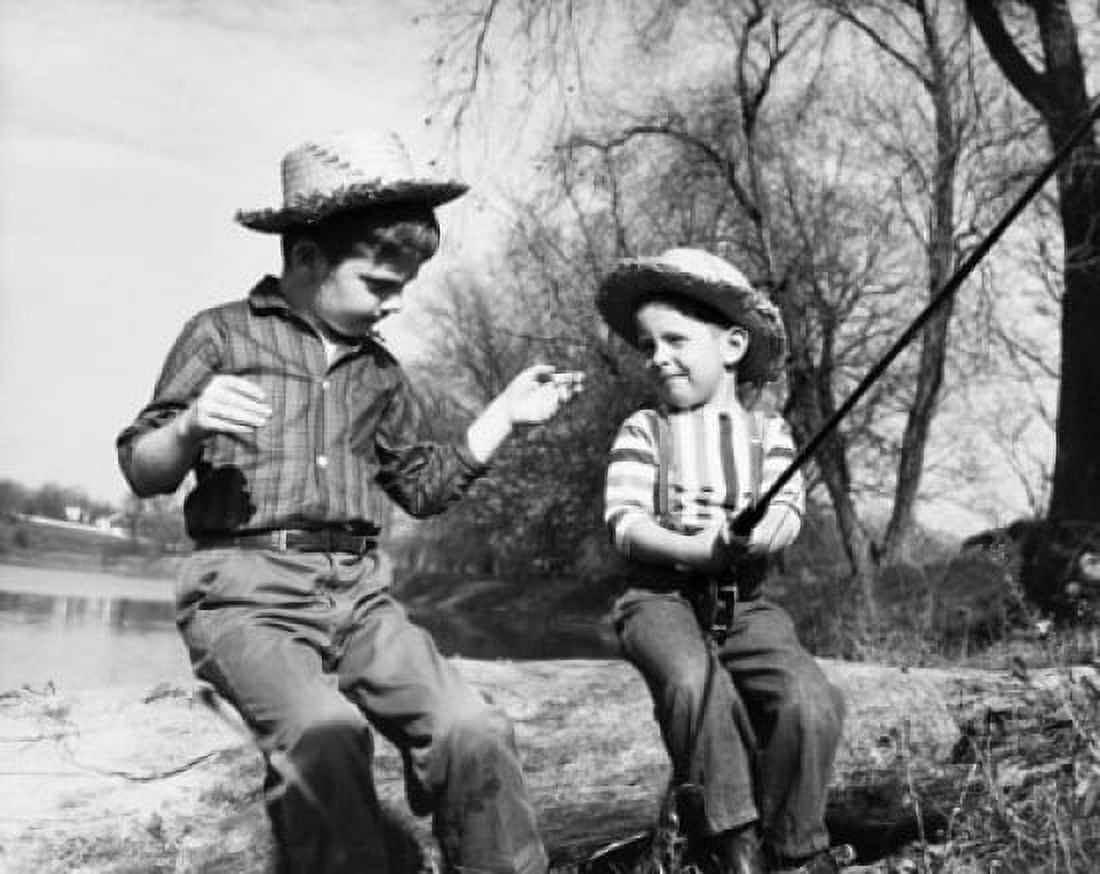 Boy boasting to another boy about a big fish he had caught in the past Canvas Art - (18 x 24)