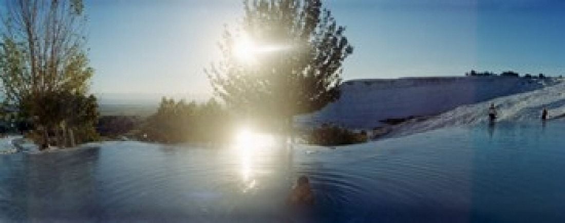 Boy enjoying the hot springs and travertine pool Pamukkale Denizli Province Turkey Canvas Art - Panoramic Images (30 x 12)