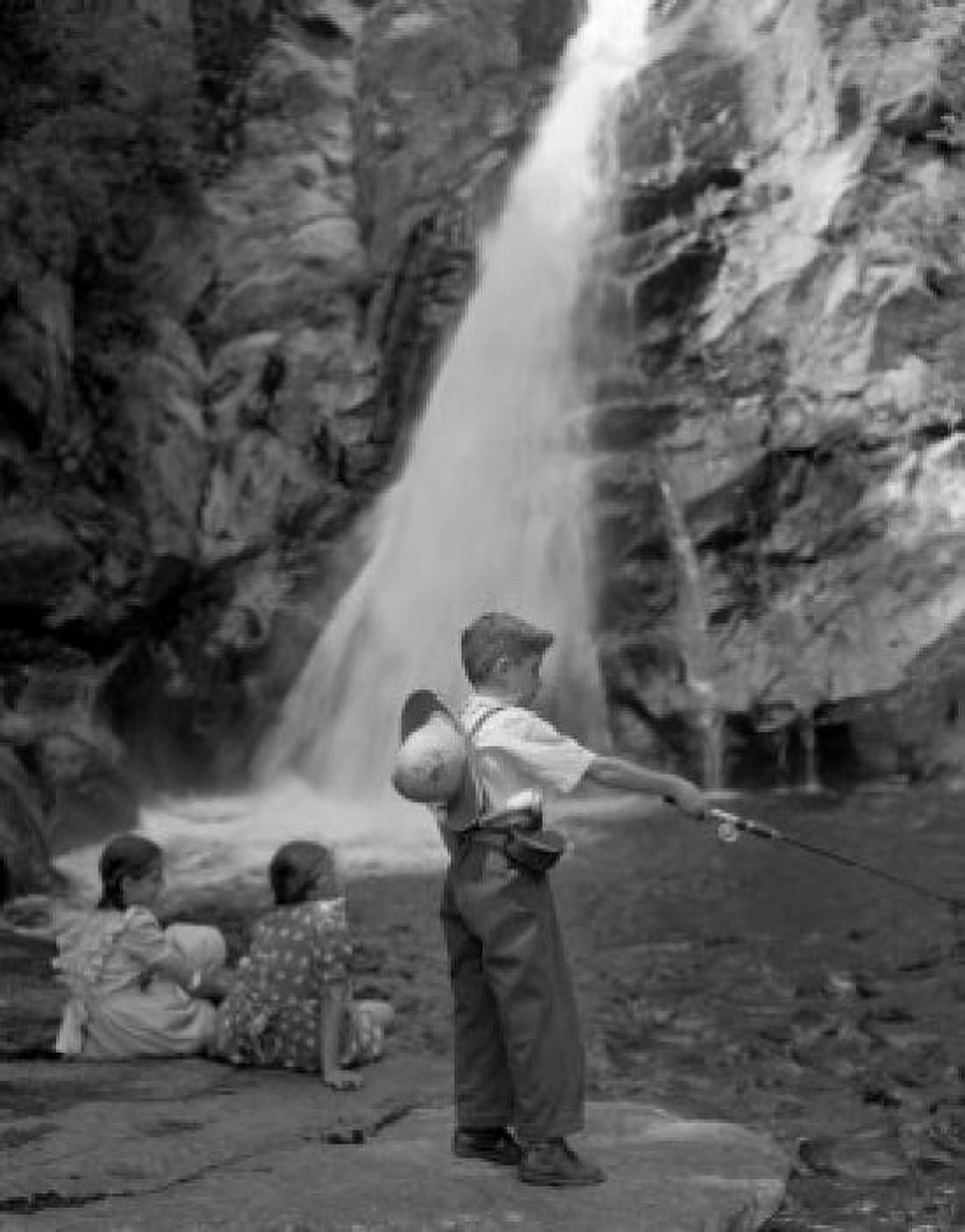 Boy fishing and girls sitting by waterfall Canvas Art - (18 x 24)