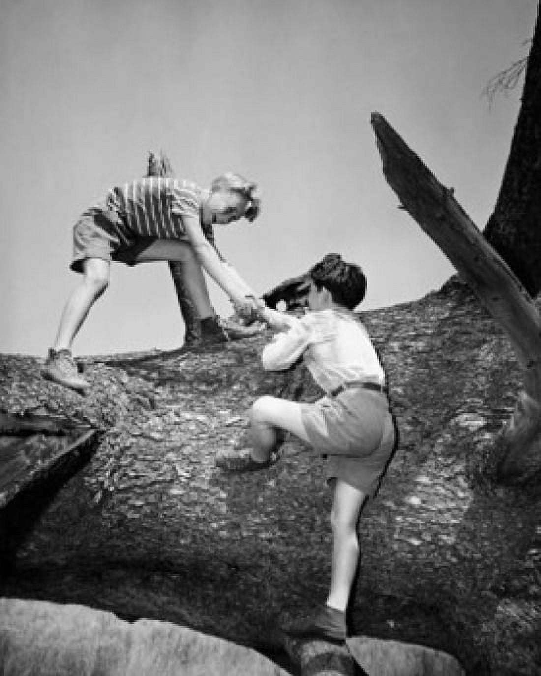 Boy helping his friend climb a fallen tree Canvas Art - (18 x 24)