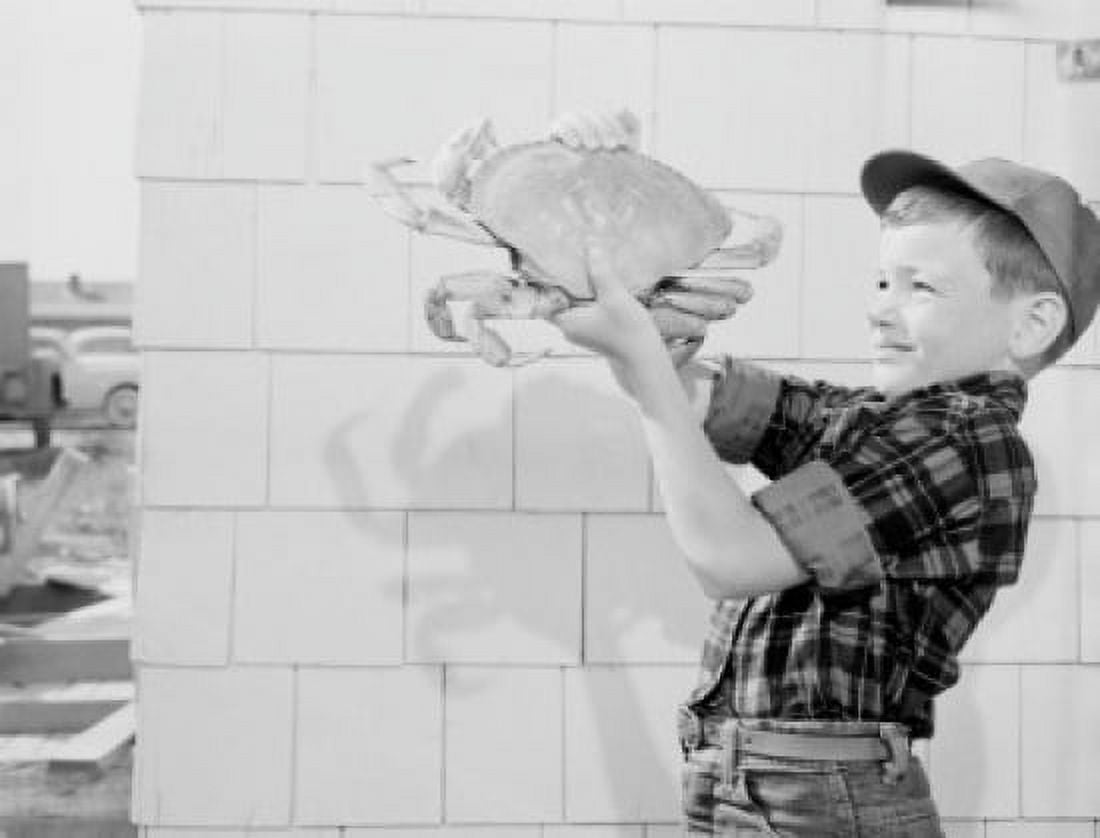 Boy holding big crab Canvas Art - (24 x 36)